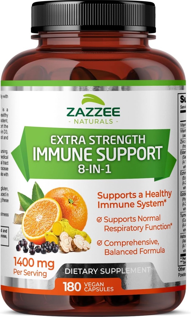 Zazzee Ekstra Kekuatan 8-1 Dukungan kekebalan, 1400 mg per Capsule, 180 Vegan Capsules, 1000 mg Vitamin C, 1000 IU D3, Zinc, Elderberry, Echinacea, Goldenseal, Turmeric, Astralus, Dibuat di Amerika Serikat