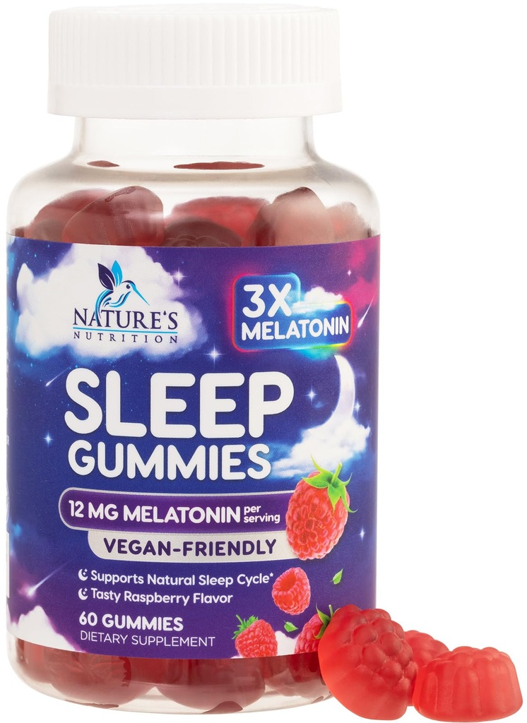 Sleep Gummies untuk Kekuatan Ekstra Dewasa - 12 mg Melatonin Sleep Gummy, Melonatin Gummy for Occasional Sleep Suplemen, Vegan, Non-GMO, Gluten Free, Gomitas para Dormir, 60 Gummies