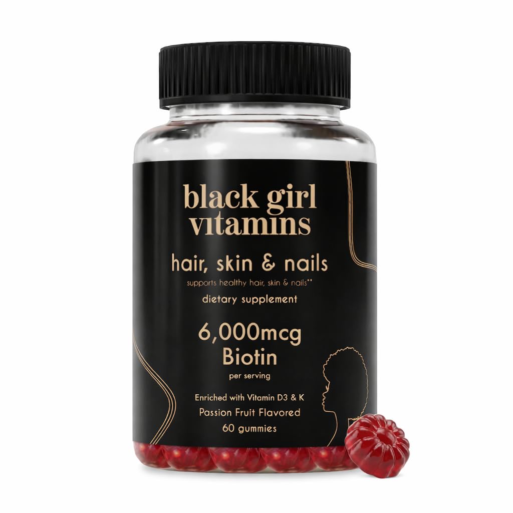 Black Girl Vitamin - Rambut, Kulit, dan Nails Gummies dengan Biotin (6000 mcg), Zinc, Gelatin Free, Vitamin A, dan Vitamin E - Gluten-Free. Made in The USA (Passion Fruit, 60 Count) 30 Day Supply