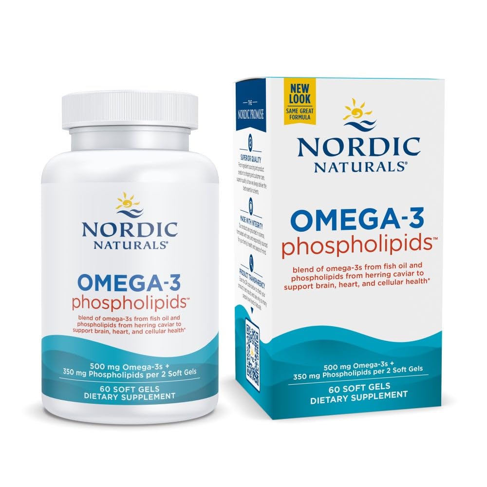 Nordic Compals Omega-3 Phospholipids, Unfeared - 60 Soft Gels - 500 mg Omegaga- 3 & 350 mg Phospholipids - Heart & Brain Health - Kecil, Easy- Swallow Soft Gels - Nun-GMO - 30 Servings
