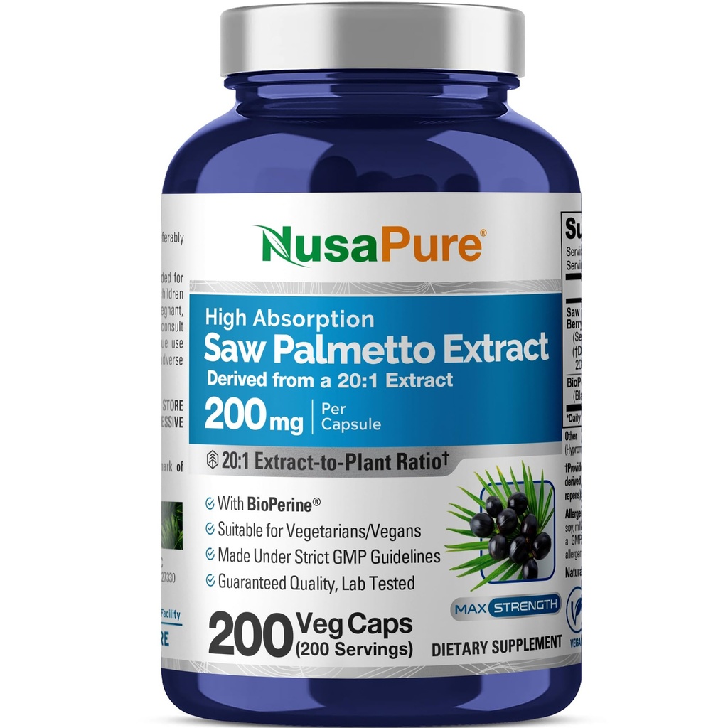 NusaPure Saw Palmetto 20: 1 Ekstrak, 200 mg Equivalen untuk 4.000 mg per Veggie Caps 200 Count Non-GMO, Vegan, Vegetarian, Bioperin