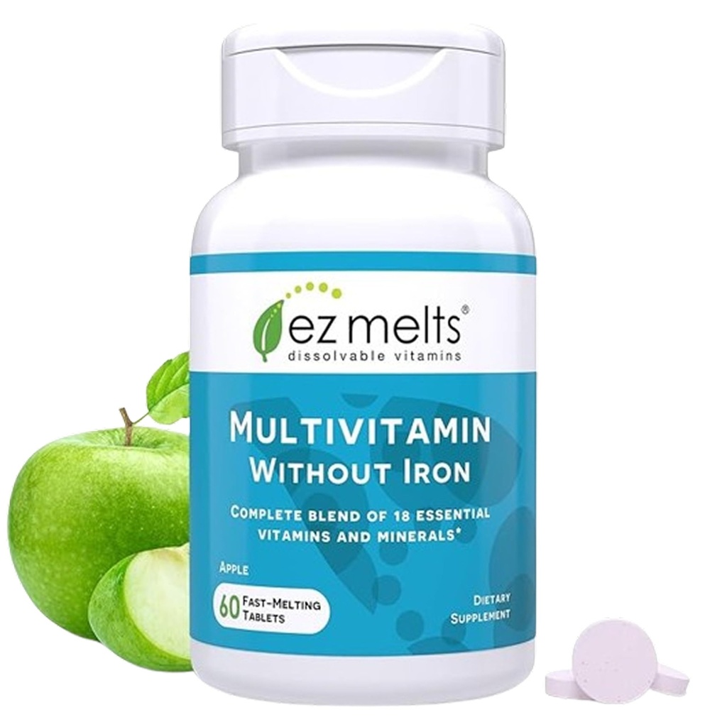 EZ Melts Dissolable Multivitamin Without Iron, 18 Vitamin & Minemins (18 Vitamin A, Biotin B12), Vitamin C, Vitamin D3, Zinc dan More, Sugar- Free, 1-Month Supply - 1 Pack