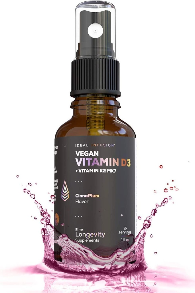 Ideal Infusion Vegan D3 5000 iu dengan K2 (MK-7) Limid Spray: Organic Plum dengan Cinnamon - Bone Health, Support Imune, Bone Struktur (75 Pelayan)