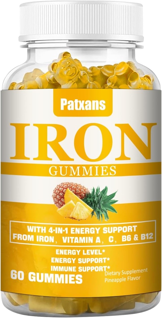 1 Paket Kompleks Besi 100MG Gummies untuk Perempuan & Pria - dengan Vitamin A, C - Energi Dukungan untuk Deficiency Besi, Anemia, Dewasa Anak-anak, Pineapple Flavor Gummy, 60ct.