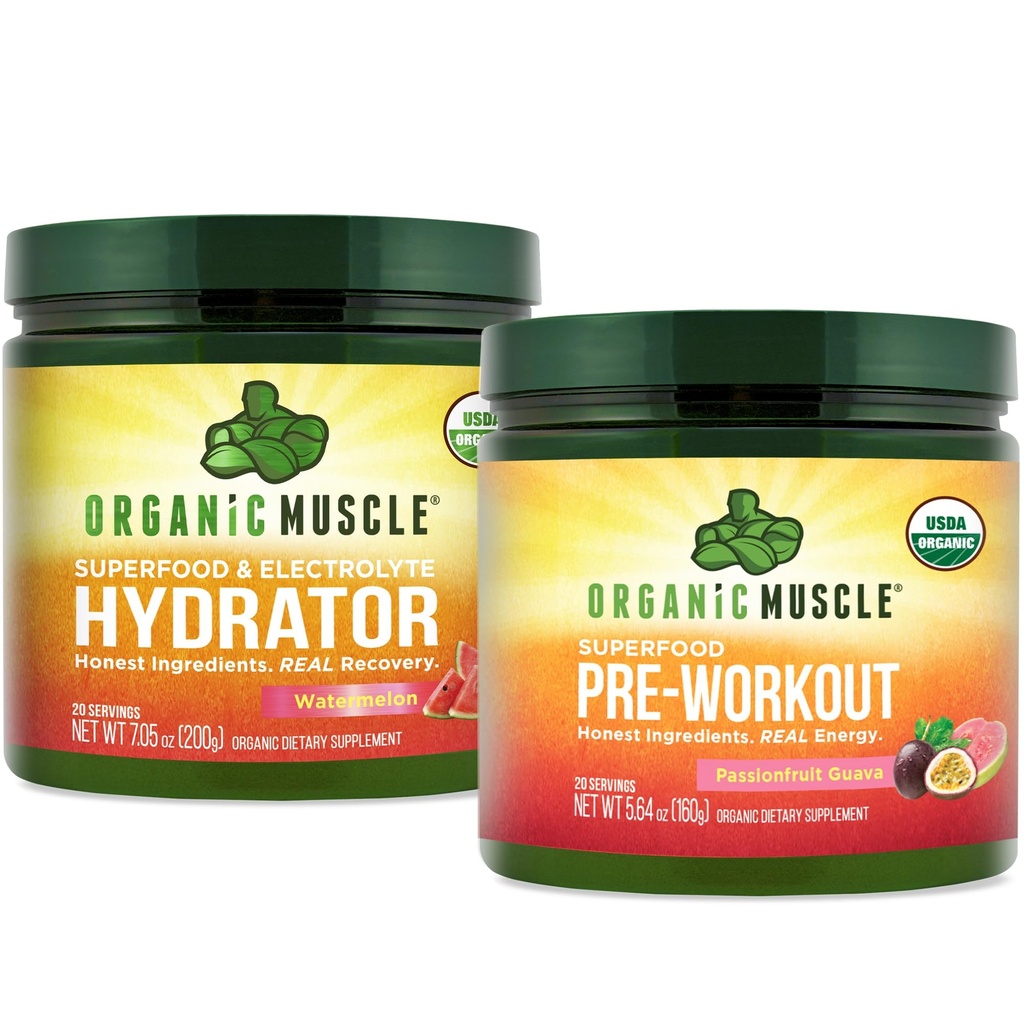 Bundle Otot Organik - Bubuk Pre- Workout untuk Energi (Guava Passionfruit) + Replenisher untuk Hydration (Watermelon) - USDA Sertifikasi Organik