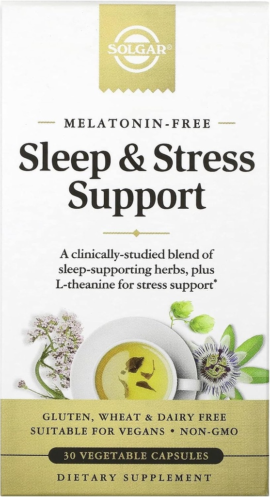 Solgar Sleep & Stress Support, Vegetable Capsules, Melonalin Free, Helling Relax, Calm You, Fall Asleep Quickly, Impreve Sleep Quality with Valerian, Passionflower, Hops, Non-GMO, 15 Count