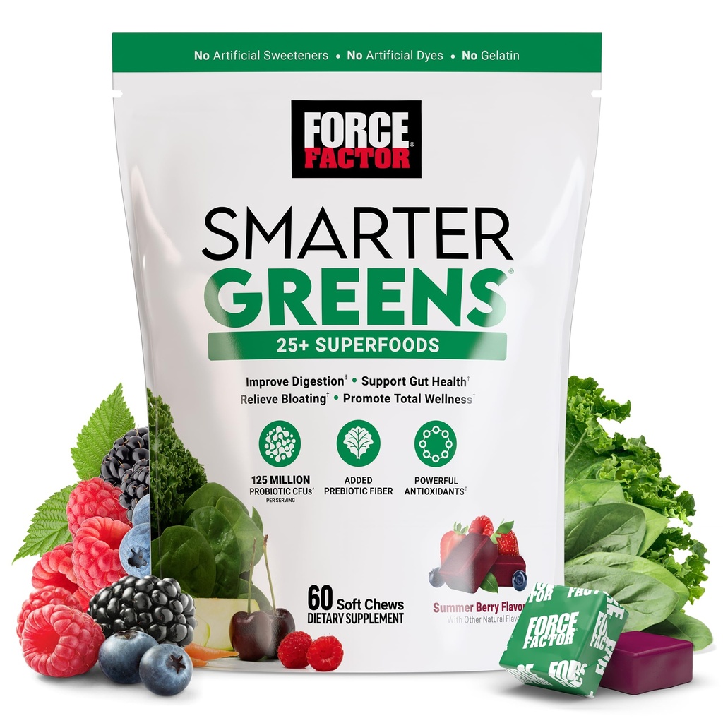 FORCE FacTOR Smarter Greens Superfood Chews, Greens and Superfood with Projects, Antioksidants, and Fiber, Greens Suppport Dibuble, Nitric Oxide, and Energy, 60 Soft Chews