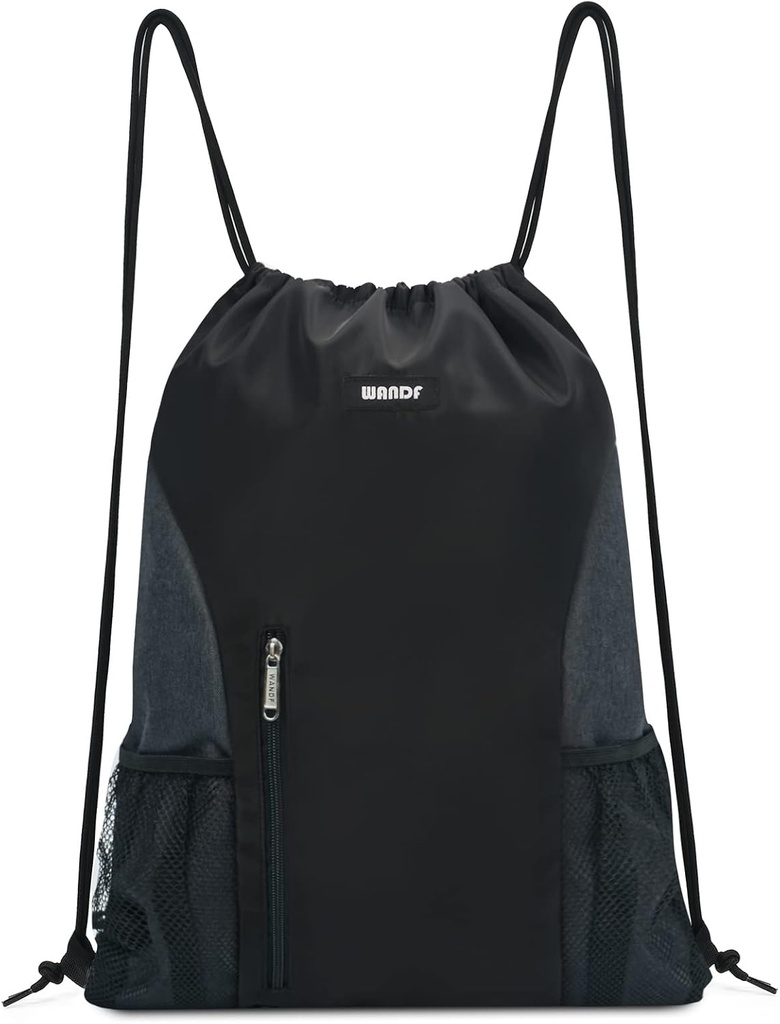 WINDF Drawstring Backpack Sports Gym Sackpack dengan Mesh Pockets Water Resistant String Bag for Women (Black)