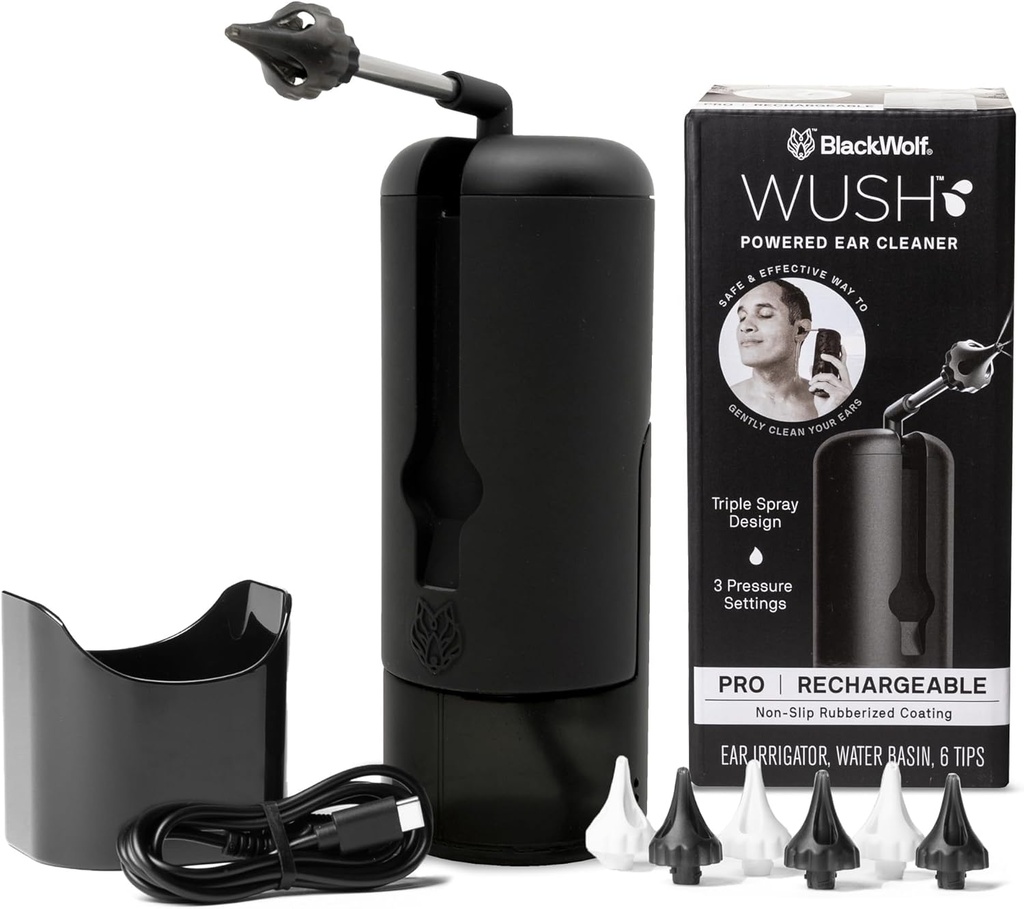 Wash Pro By Black Wolf- Deluxe Water Pounced Ear Cleaner - Safe & Effective- Electriple Jet Stream 3 Tekanan Pengaturan Untuk Ear Wax Buildup- Ear Wax Removal Kit- Water Resistant USB Rechargable