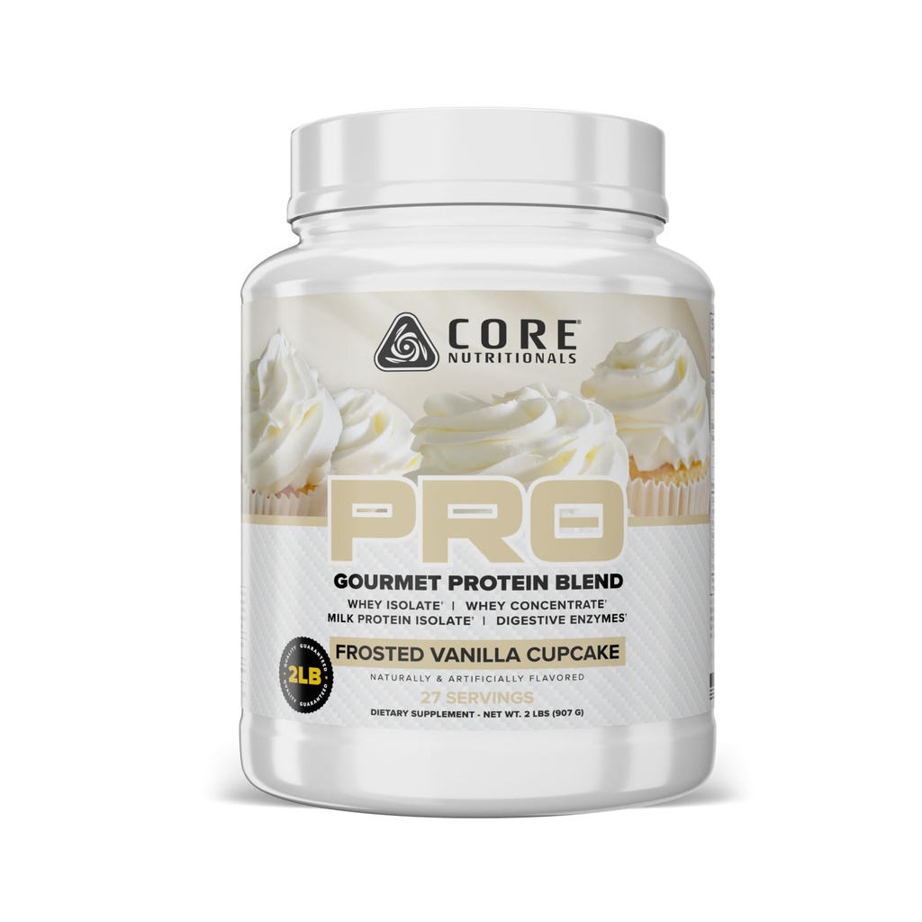 Core Nutronionals PRO Gourmet Protein Blend 124; Whey Protein Blend 124; dengan MCTs & Digetical Enzymes 126; Rilis Protein & Recovery Dukungan 124; 28 Servis (Frosted Vanilla Cupcake)