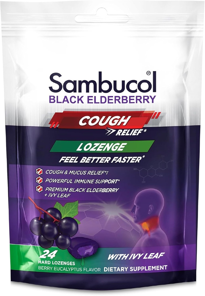 Sambucol Black Elderberry Cough Relief Lozenges - Cough Drops for Dewata, Sambucus Elderberry Lozenges, dengan Ivy Leaf, Cough & Mucus Relief, Hamilune Dupport, Berry Eucalyptus - 24 Count, 3 Pack