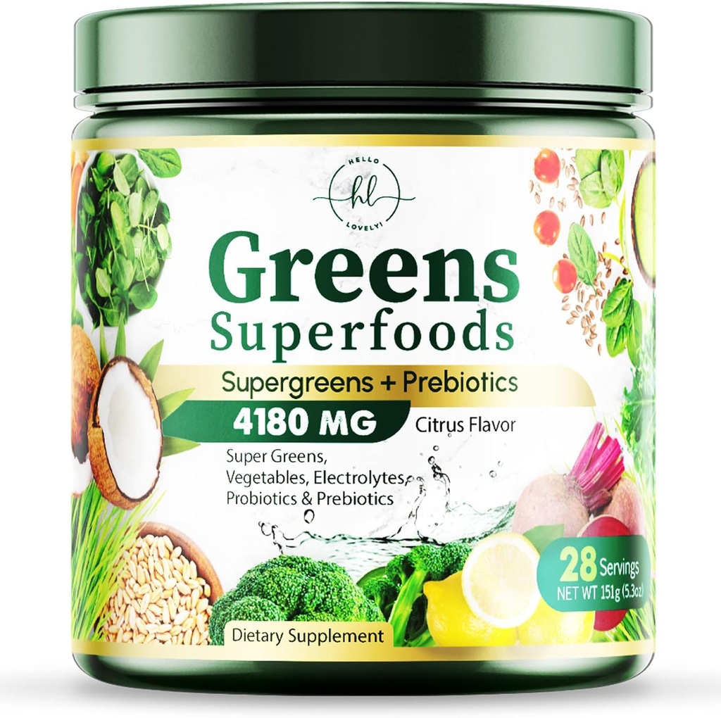 Hijau Superfood Powder - Premium Organic Super Greens Juice Powder - dikemas dengan Progories, Wheat Grass, Enzymes, Spirulina, Chlorella untuk Digevival & Gut Kesehatan, Smoothie Minum Mix - 28 Hamba