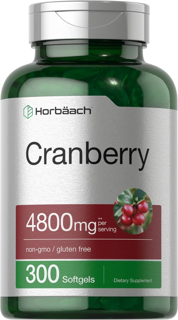 Horbäach Cranberry Pil 4800mg 124; 300 Softgeels 12.4; Non-GMO, Gluten Free Supplement = 44; dari Ekstrak Konsentrasi