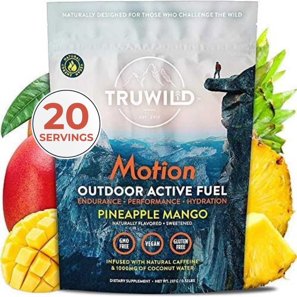 TruWild Motion All Natural Pre Workout Powder Minat Mix for Men & Women with No Jitters or Crash, Whole Food Nased Vegan, Organic with Electrolite + BioPerine, 20 Servings (Panas Mango)