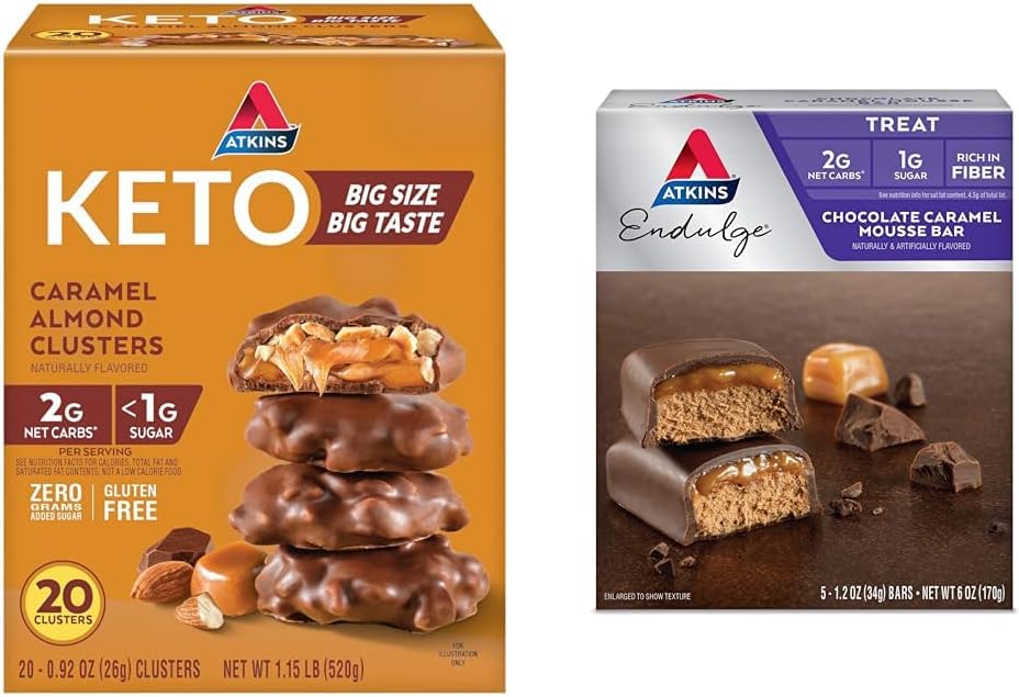 Atkins Caramel Almond Clusters, Gluten Free, High in Fiber, 1g Sugar, 2g Net Carb, Keto Friendly, 20 Count & Endulge Chocolate Mousse Bar, Dessert Favorit, 1g Sugar, High in Fiber, 5 Count