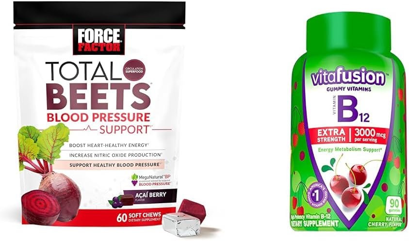 Force Factor Total Beets Blood Pressure with Grapseed Extract & Vitafusion Extra Strength B12 for Energy, Cherry Flavared Gummies