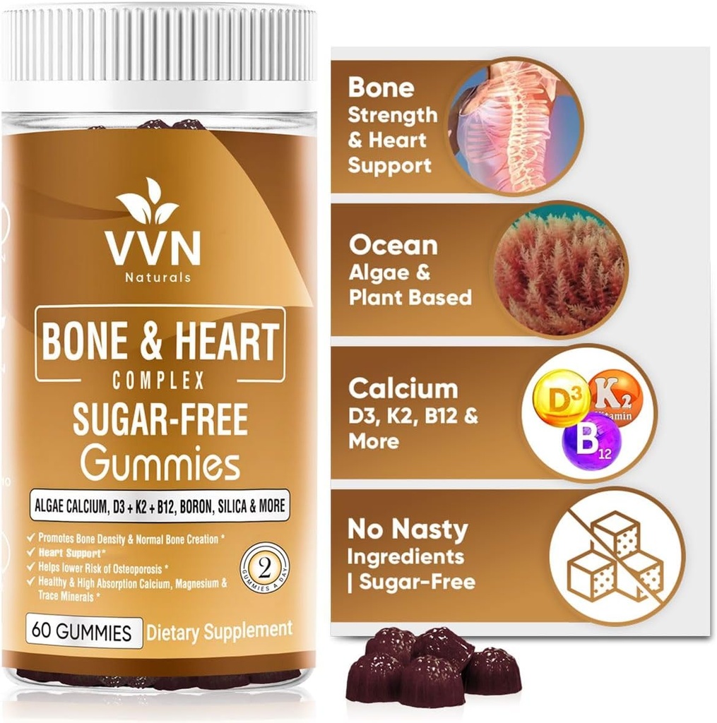 Vegan Calcium Gummies K2 Vitamin Suplemen dengan MK-7 & Vitamin D3, Magnesium & 13 Trace Minerals, Mendukung Bone Density 124; Tanaman Berdasarkan 124; B12 - Bone & Heart Complex, 60 ct.