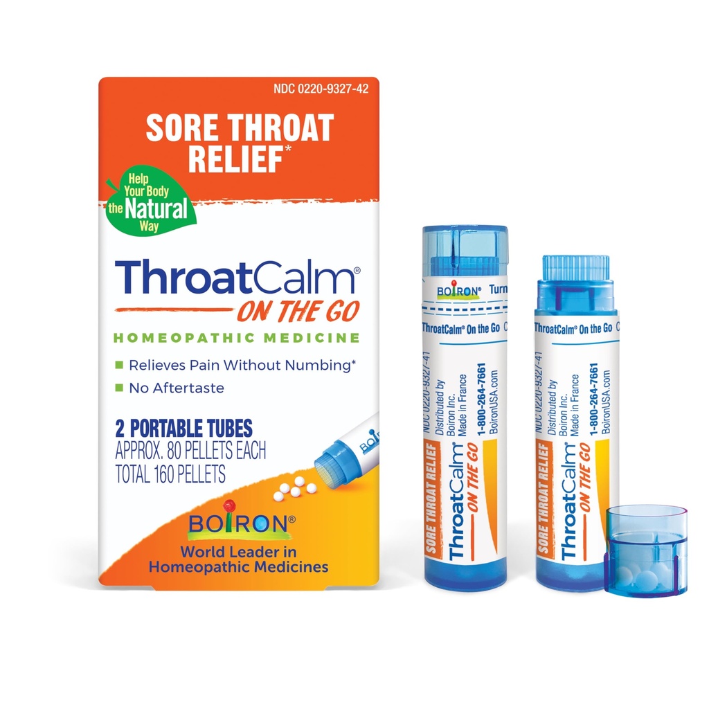 Boiron ThroatCalm On The Go Travel Estief for Relief of Sore Throat, atau Scratchy, Red atau Dry Throat, dan Hoarseness - 2 Count (160 Pellets)