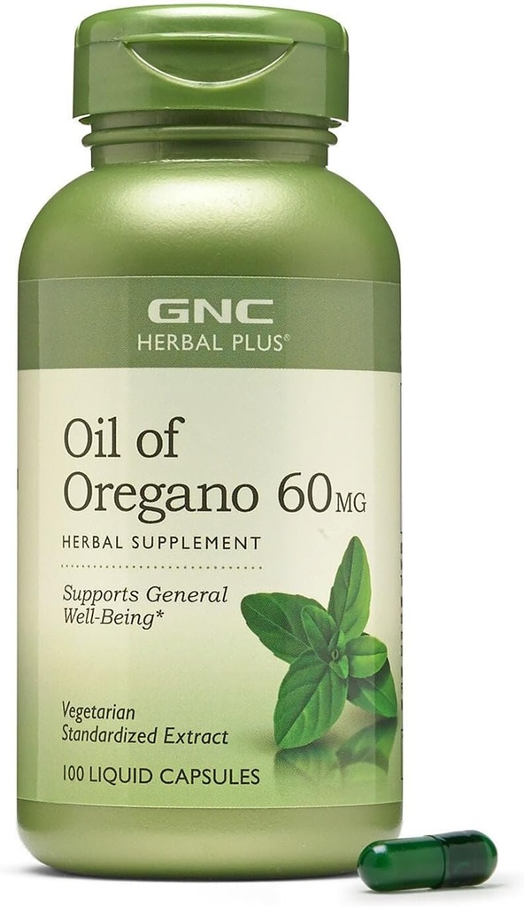 GNC Herbal Plus Oil of Oregano 60mg Supplement, Vegetarian, Supports General Well-Being, 100 Servis