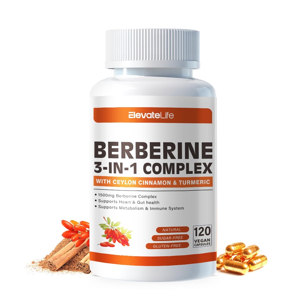 ElevateLife Berberine Suplement - Berberine 1500mg Per Serving, 120 Kapsul - Berberine HCI - Berberine Plus - Plus Pure True Ceylon Cinnamon, Berberine HCI Root Suplemen Pills
