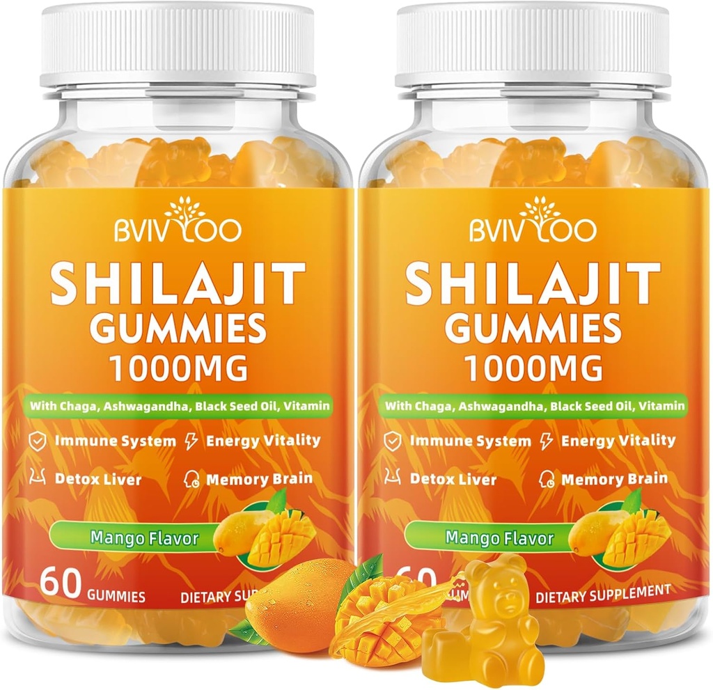 2 Packs Shilajit Gummies 1000mg Sugar Free - Shilajit Suplemen untuk Pria & Perempuan - Tinggi 85 + Trace Acid & Fulvic - Energi, Otak, Kebal - 120 Gummies