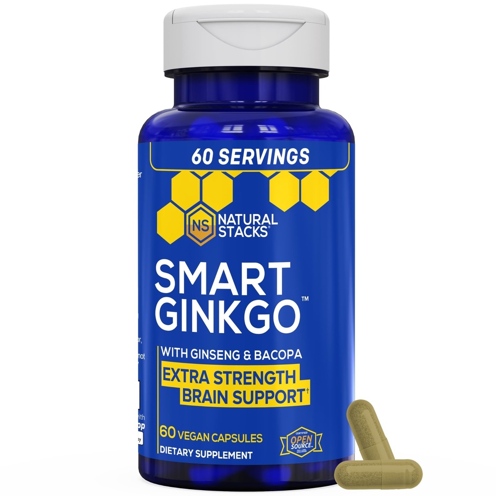 NATURAL STACKS Ginkgo Biloba Suplemen dengan 200mg Panax Ginseng & 200mg Bacopa Monnieri - Suplemen Otak untuk Memori dan Fokus - Korea Ginseng untuk Dukungan Kesehatan Otak - 60 Ginkgo Bibita Capsules