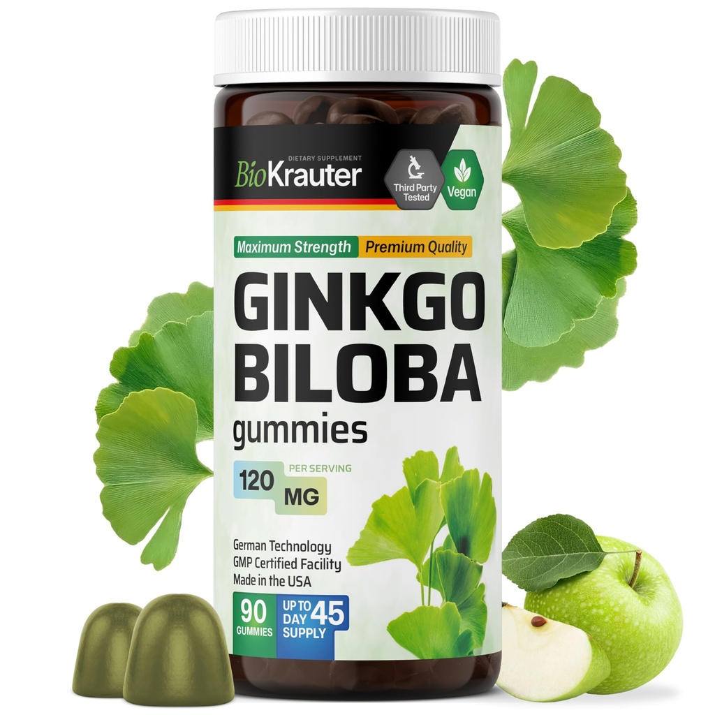 BIO KRAUTER Ginkgo Biloba Gummies - 90 Vegan Chews - Ginkgo Bilosa Suplemen Otak - 120 mg Standardisasi Ekstrak - Pectin- Berdasarkan Formula