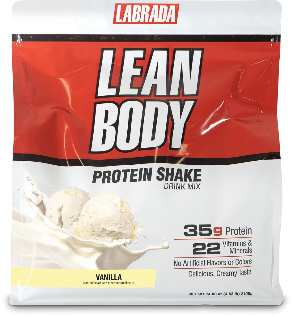 Lean Body All-inOne Vanilla Protein Shake. 35g Protein, Whey Blend, 7g Healthy Fats & Fiber, 22 Vitamin dan Mineral, Tidak ada Warna Buatan, Gluten Bebas, (4.6lb) Paket May Vary