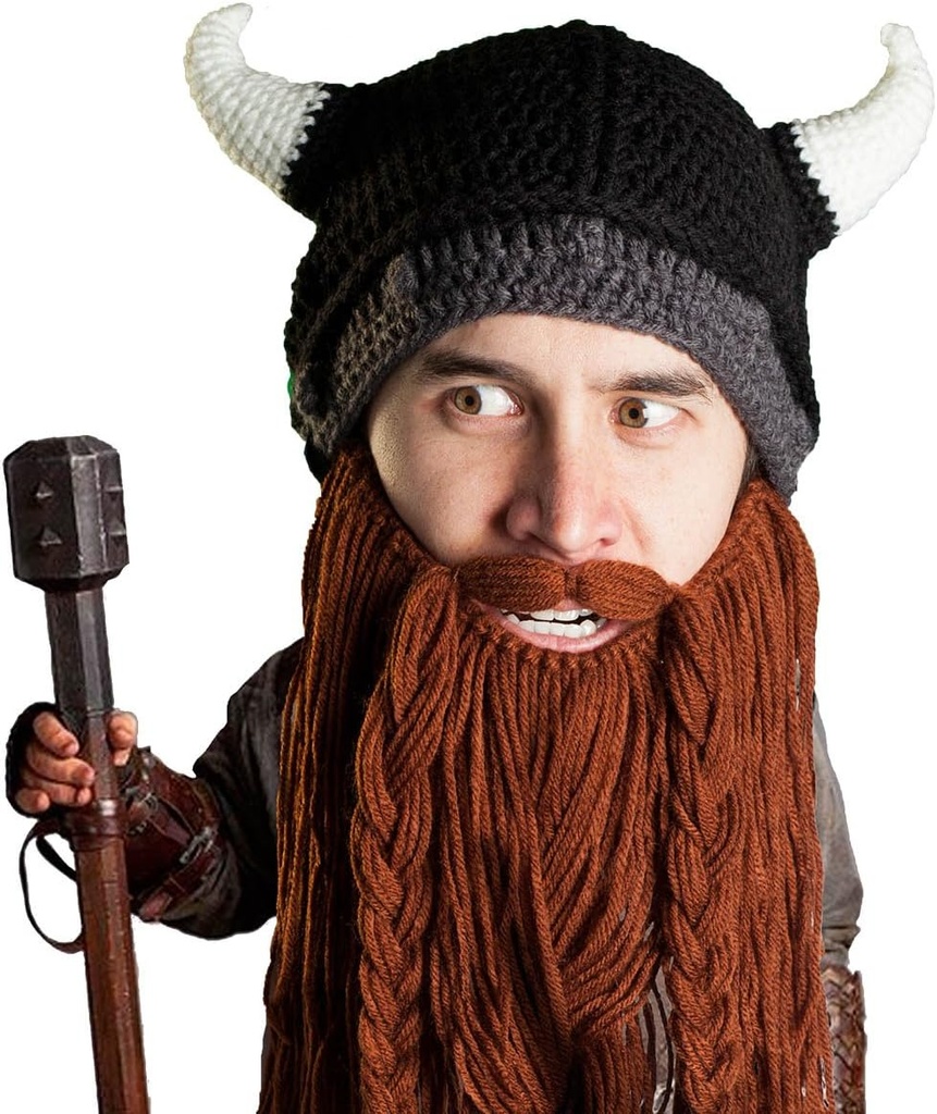 Kepala Viking Pilager Kepala Jenggot - Asli Knit Viking Horn Helmet dan Removable Braided Brown / Black Beard