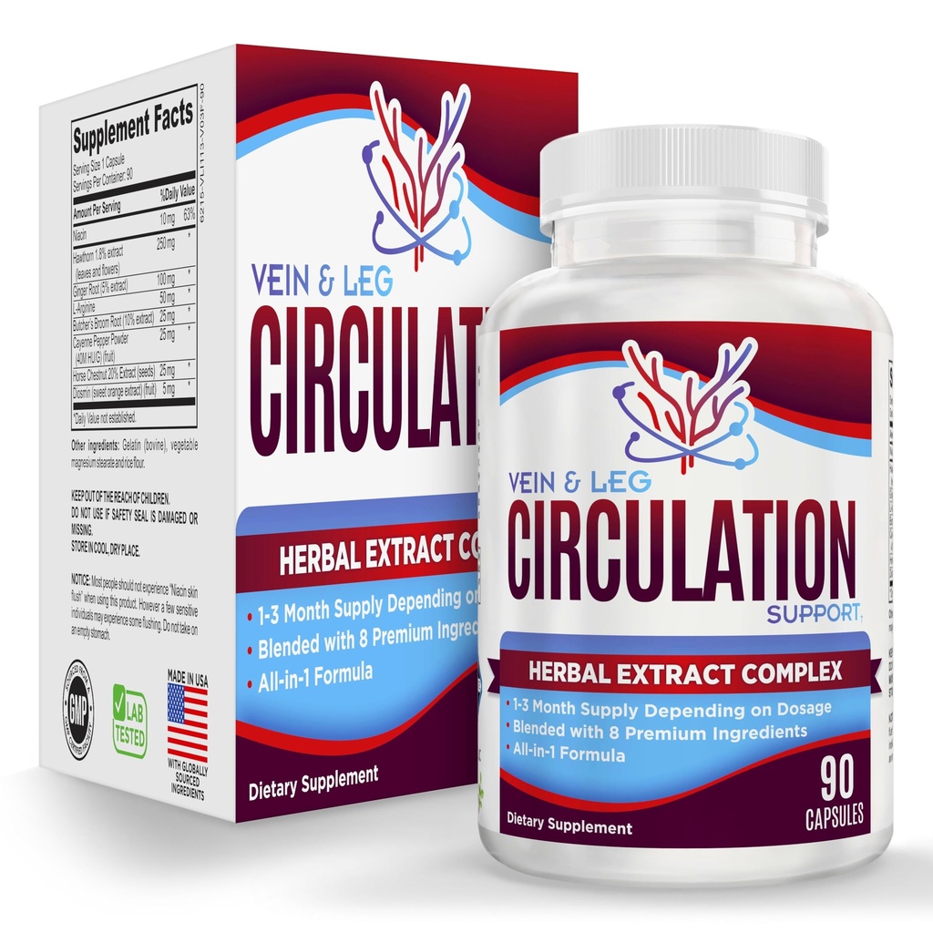 Dukungan Kesehatan Vein & Leg Circulation (All-in- 1) Dengan 8 Ingrebients Aktif 124; Sirkulasi Darah Booster Formula 124; Tambahan Leg & Vin 124; 1 Bulan Pasokan 124; 90 Kapsul