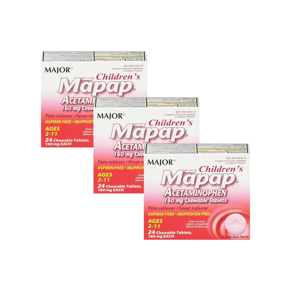 MAJOR Children 's Mapap Acetaminopenhen 160 mg Cable Tablet - Reliever / Fever Reducer - Aspirin Free - Ibuprofen Free - for Ages 2 sampai 11-24 Count (3 Pack)