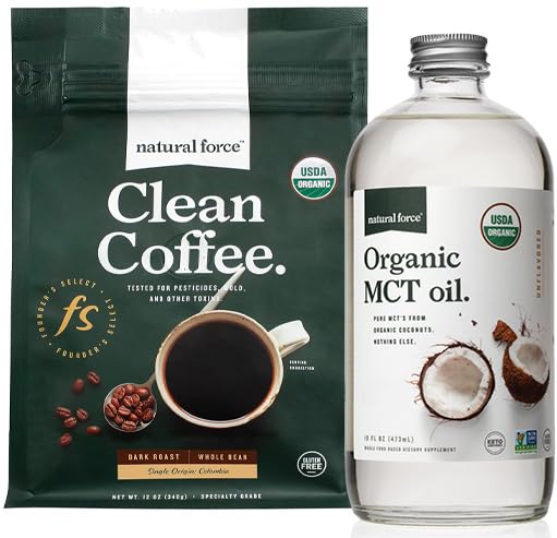 Natural Force Organic Dark Roast Clean Coffee + Organic MCT Oil Bundle - 100% Pure Coconut MCTS & Mold & Mycotaxin Free Coffee - Non-GMO, Keto, Paleo, dan Vegan - 12 Oz dan 16 Oz