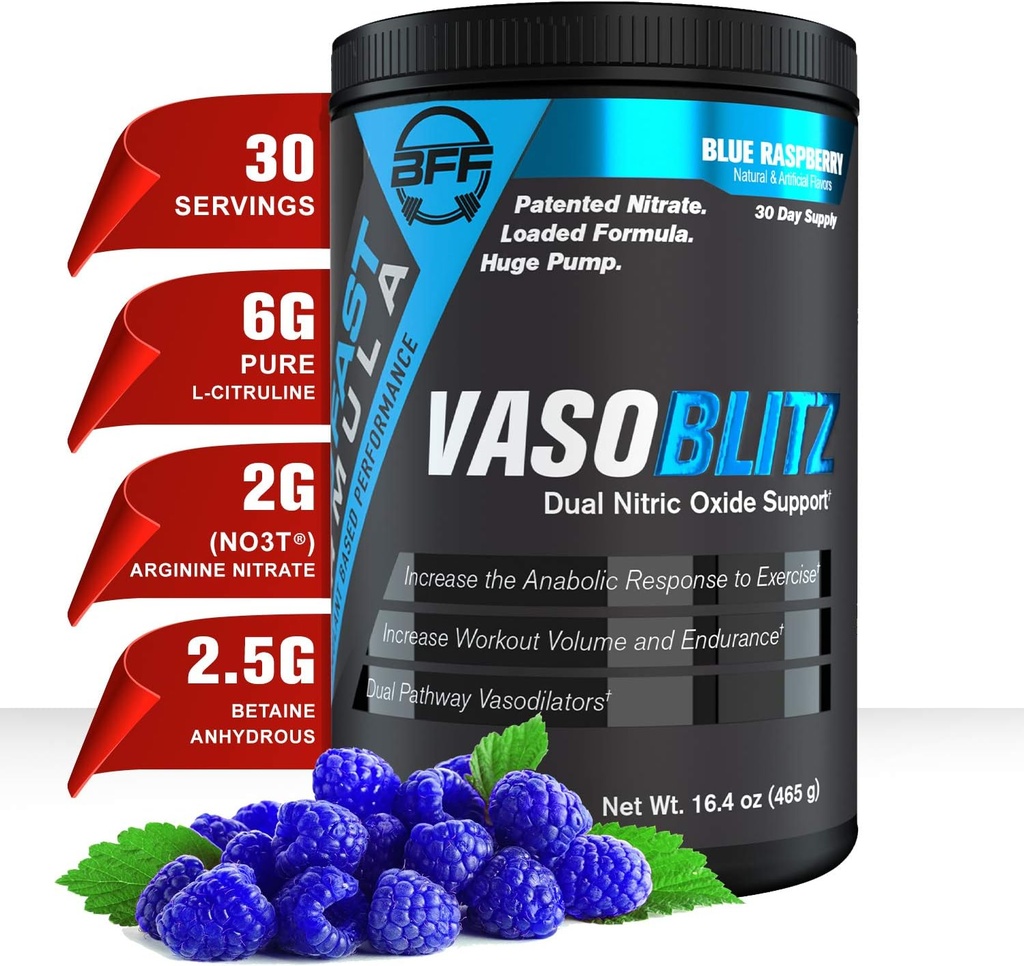 VASOBLITZ Award Memenangkan Dual Nitric Oxide Pre Workout dengan NO3T Arginine Nitrate, L- Citrulline, Betaine Anhidlous, Calcium Lactate, Caffeine Endurance (30 Serving) (Blue Raspberry)