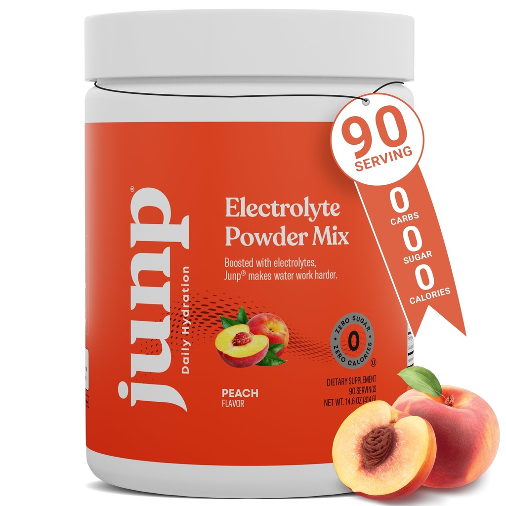 JUNP Electrolytes Powder No Sugar No Carbs, Orchard Fresh Juicy Peach Keto Electrolite Drink Mix, Potasium & Salt Hydration Powder Listrik Zero Calorie Sugar Free Electrolite Powder, 90 Servis