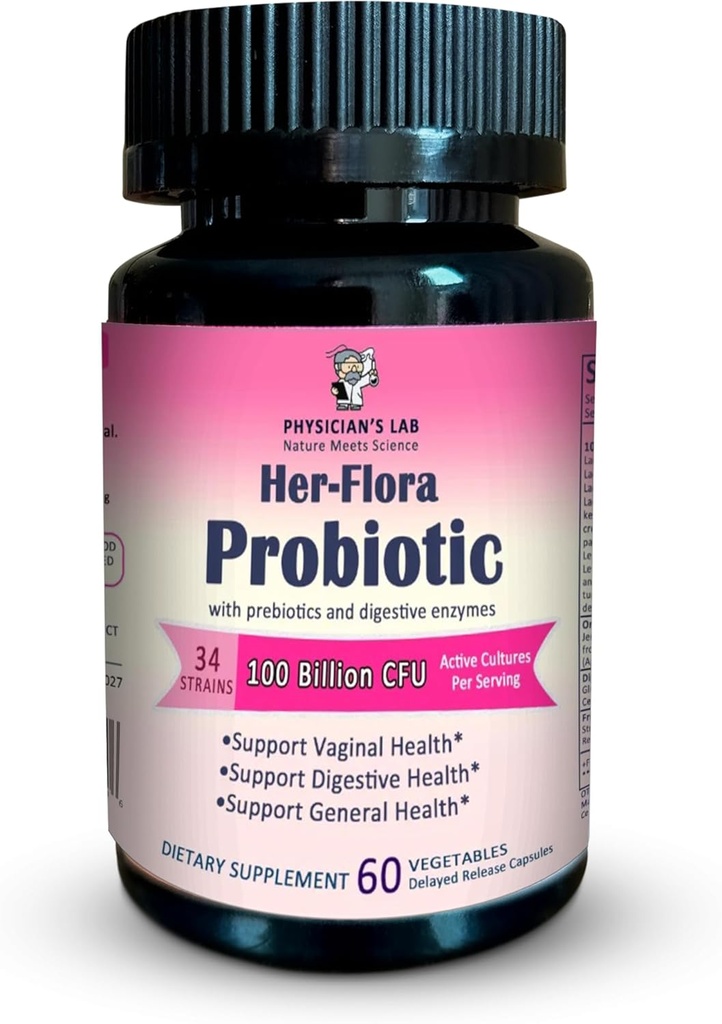 Physician Lab Her-Flora Women 's Probiotic 100 Milyar CFU per Capsule, Non-GMO, 34 Strains, dengan Enzim Pregren & Digetical, Gut & Vaginal Kesehatan, Dukungan H.Pylori, 60 Veg Caps, Persediaan Dua Bulan!