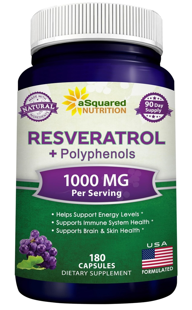 ASquared Nutrition Natural Resveratrol dengan Red Wine Extract - 180 Capsules - Trans Resveratrol Antioxidant Pil untuk Pure Heart Health - Extra Power Transveratrol