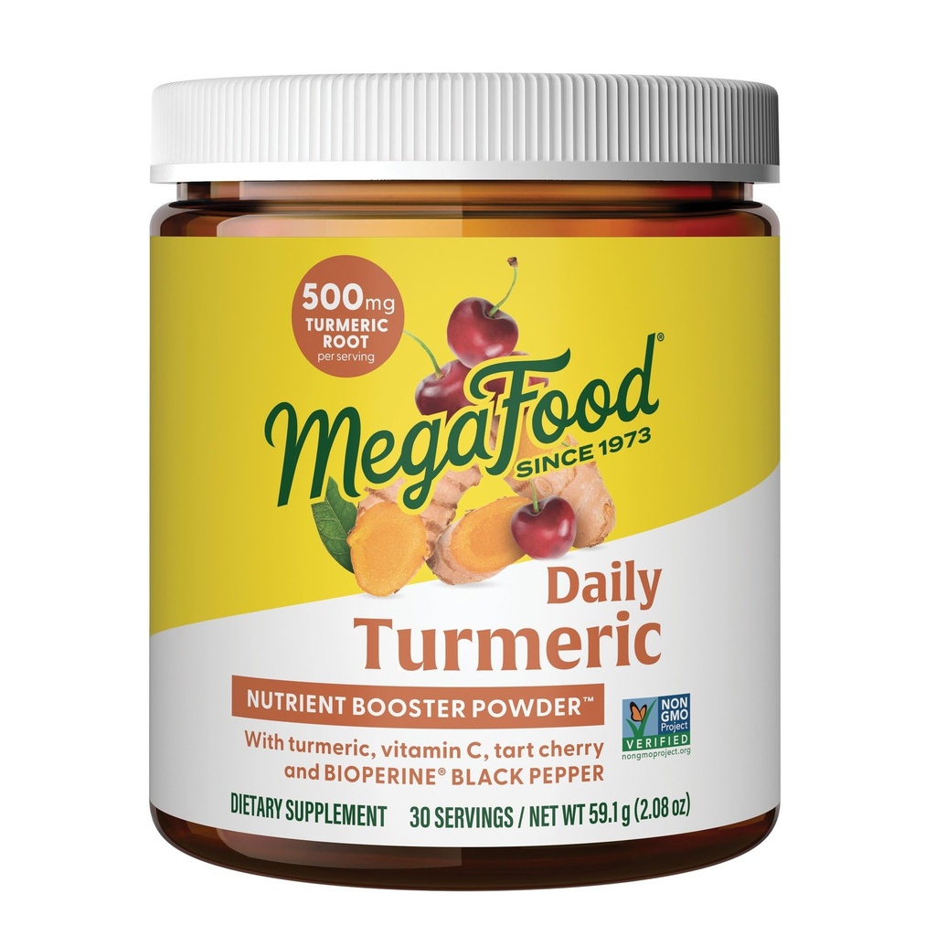 MegaFood Daily Turmeric Nutrient Booster Powder - Turmeric Suplemen -with Black Pepper Extract, Tart Cherry & Vitamin C - Vegan - Made Without 9 Food Allergens - 2.08 Oz (30 Pelayan)