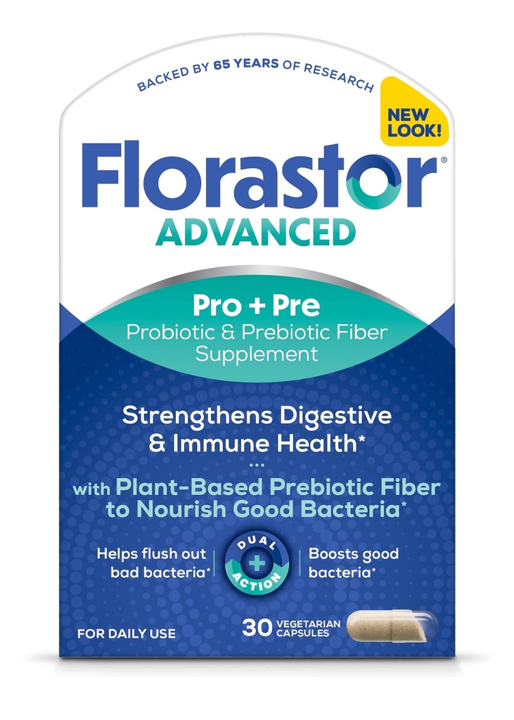 Florastor Advanced Pro + Pre Daily Probiotic Probiotic Suplement for Women and Men, Boosts Good Bacteria, Saccharomyces Boulardii CNCM I- 745 (30 Capsules) (Paket 1)