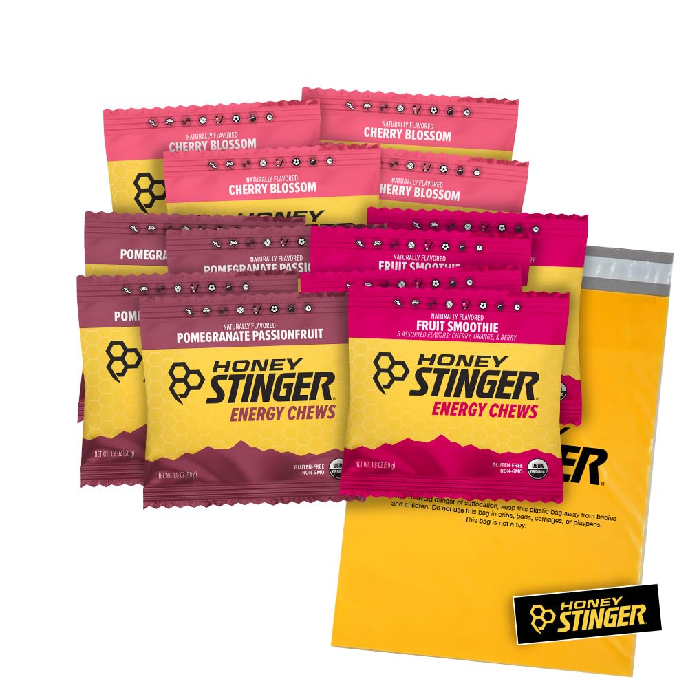 Honey Stinger Energy Chews - Variety Pack - 12 Count - 4 dari Setiap Flavor - Chewy Gummy Energy Source - Cherry Blossom, Fruit Smoothie Passionfruit - Plus Sticker dan Polybag