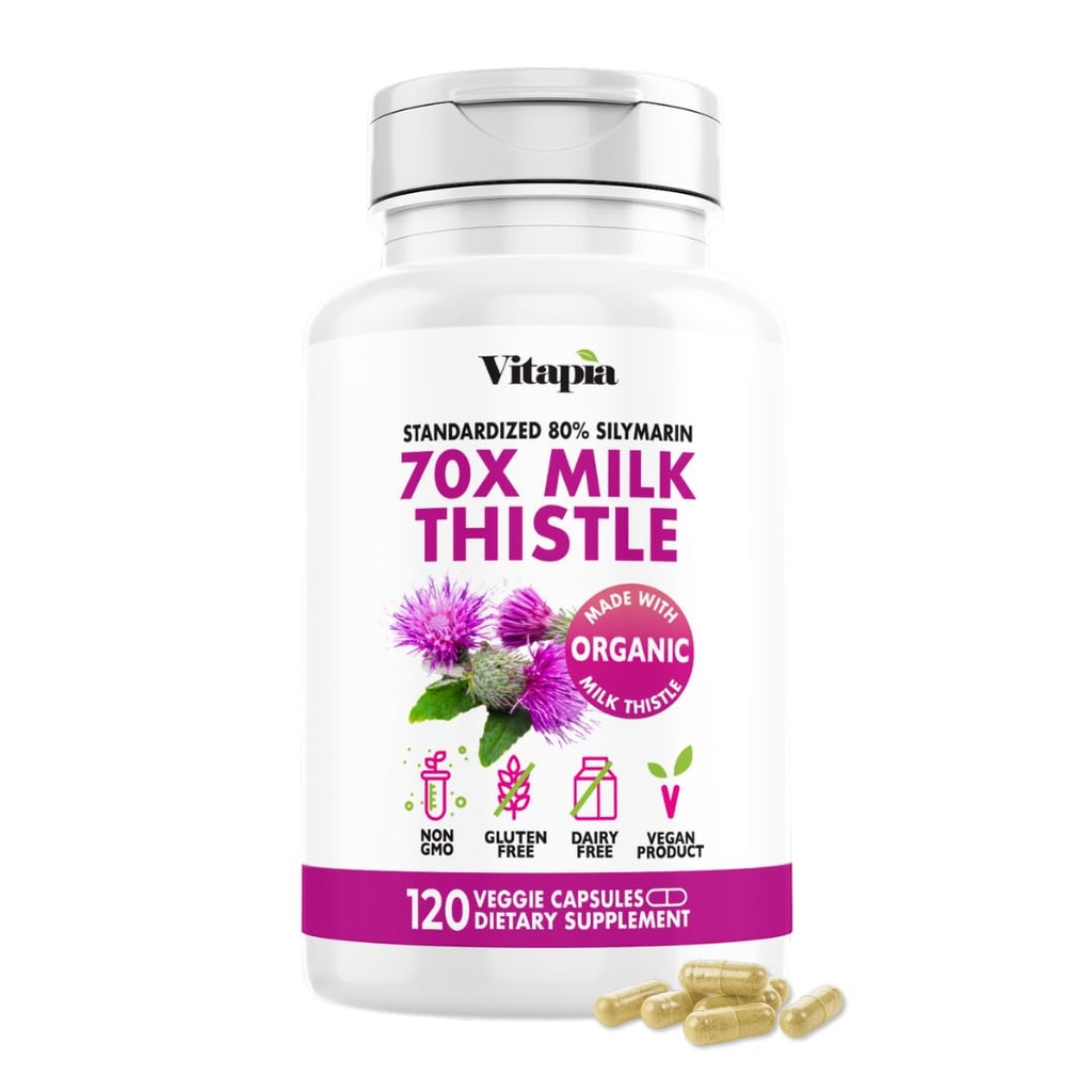 Vitapia Organic Milk Thistle Extract 70: 1 Suplemen - Liver Cleanse Detox & Repair, Liver Health Support, Antioksidants - 120 Vegan Kapsul, Non GMO, Gluten Free