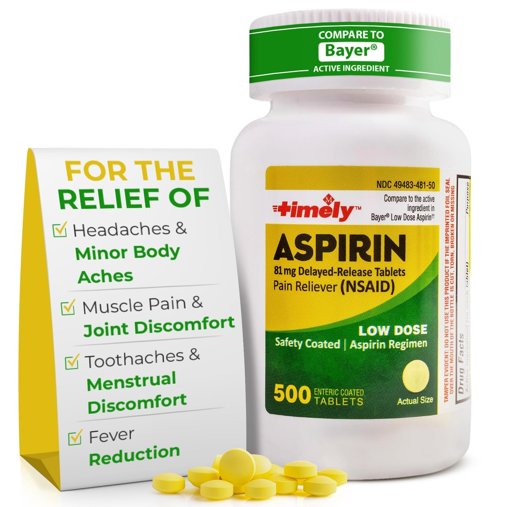 Tightly Dose Aspirin 81mg for Adults - Pain Reliever for Minor Aches & Fever Reducer - dibandingkan dengan The Active Ingredient in Bayer - Low Energy Ensiic Aspirin - 500 Tablet