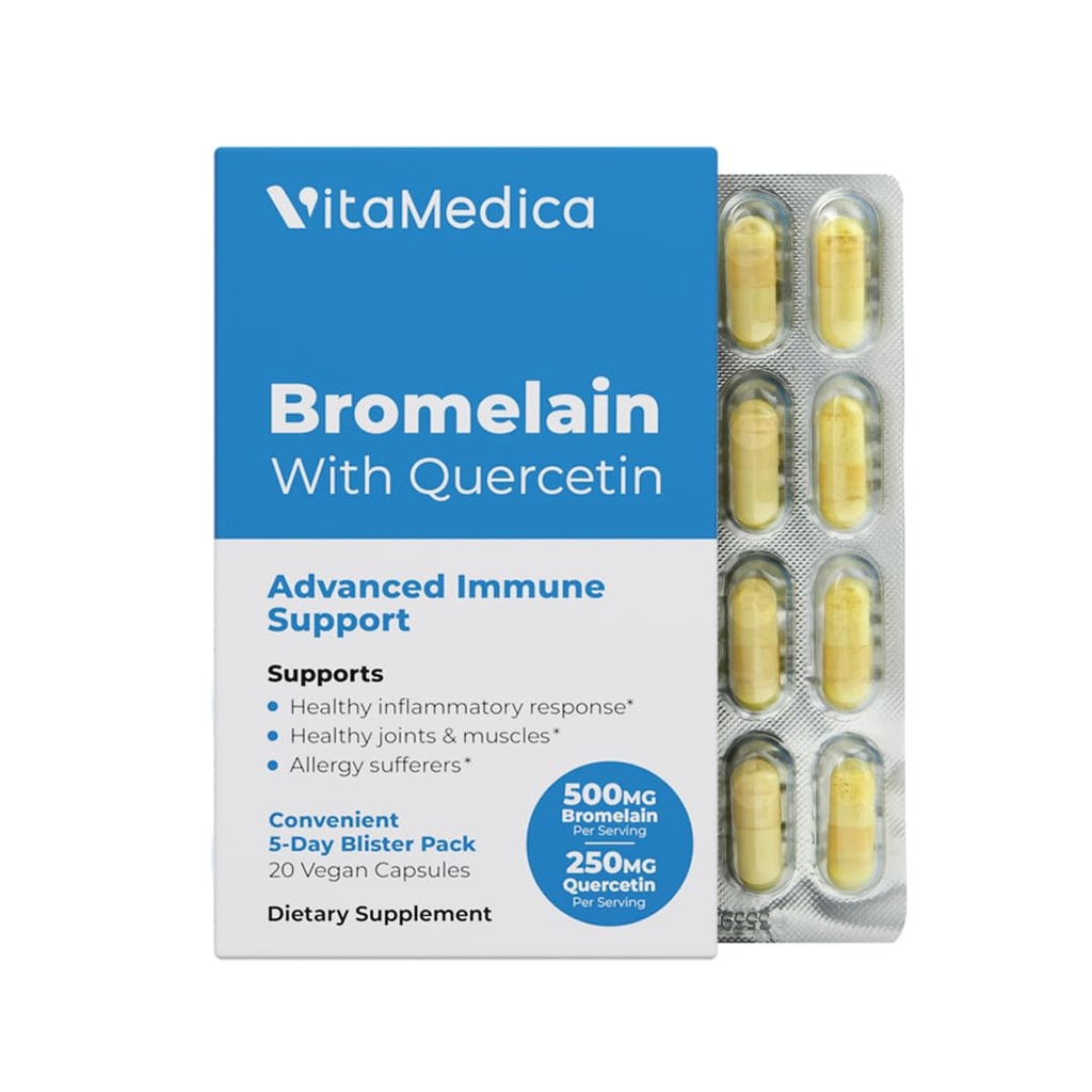 VitaMeterca Bromelain & Quercetin Suplement - 500mg Bromelain 250mg Quercetin - 2400 GDU untuk kekebalan, Dukungan Bersama, Inflammation dan Pemulihan Muscle - 20 Vegan Capsules - 5 Hari Suppply