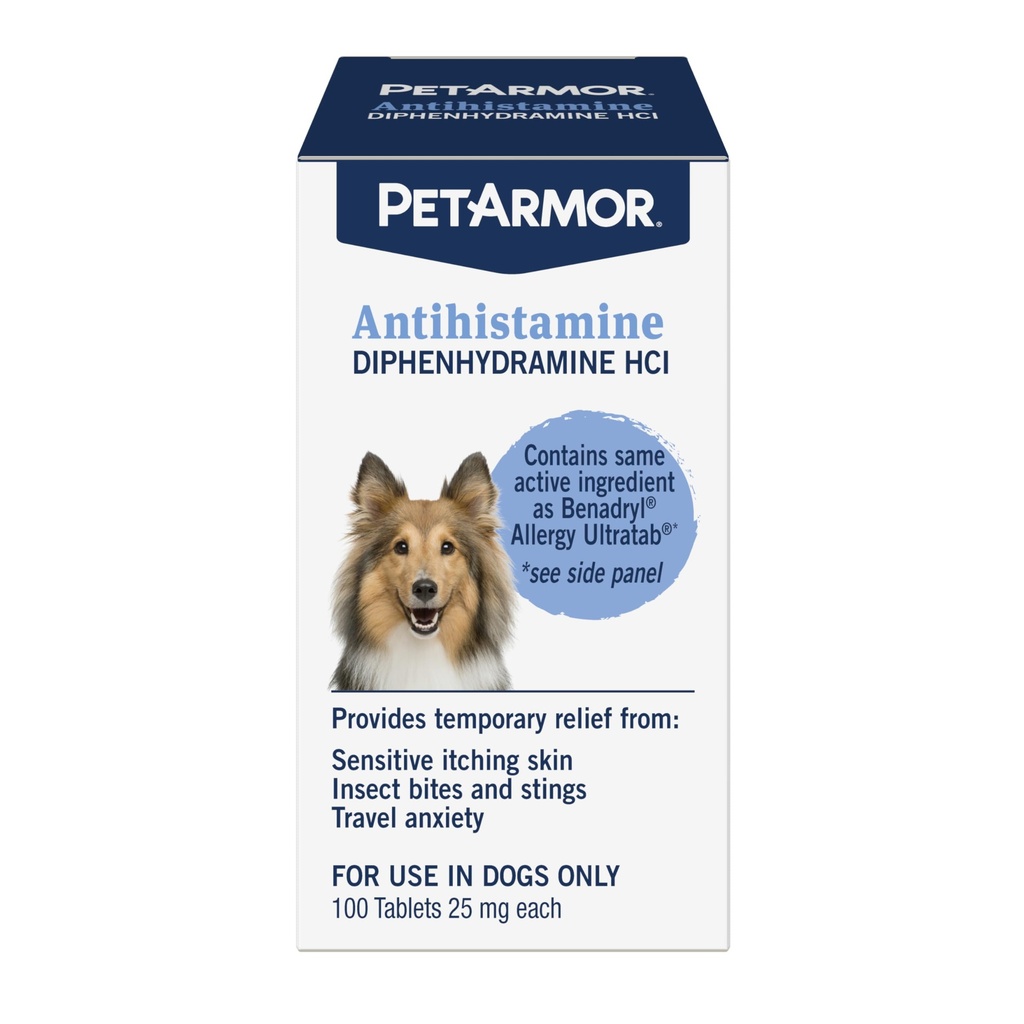 PetArmor Antihistamin Relief for Dogs, Easy- to-Use Allergy Medicine for Dogs, Anti- Itch Medicine Provides from Insect Bites, and Stings, 100 Tablet