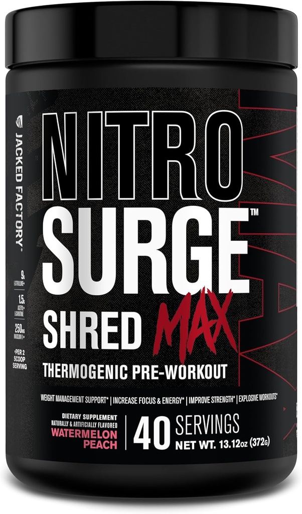 Jacked Factory Nitrospush Shred Max Pretraining - Tinggi Performance Pre Workout Powder untuk Pria dan Wanita - L Citrulline, Acetyl L Carnitine, Organik Caffeine - 40 Servings, Peach Semangka