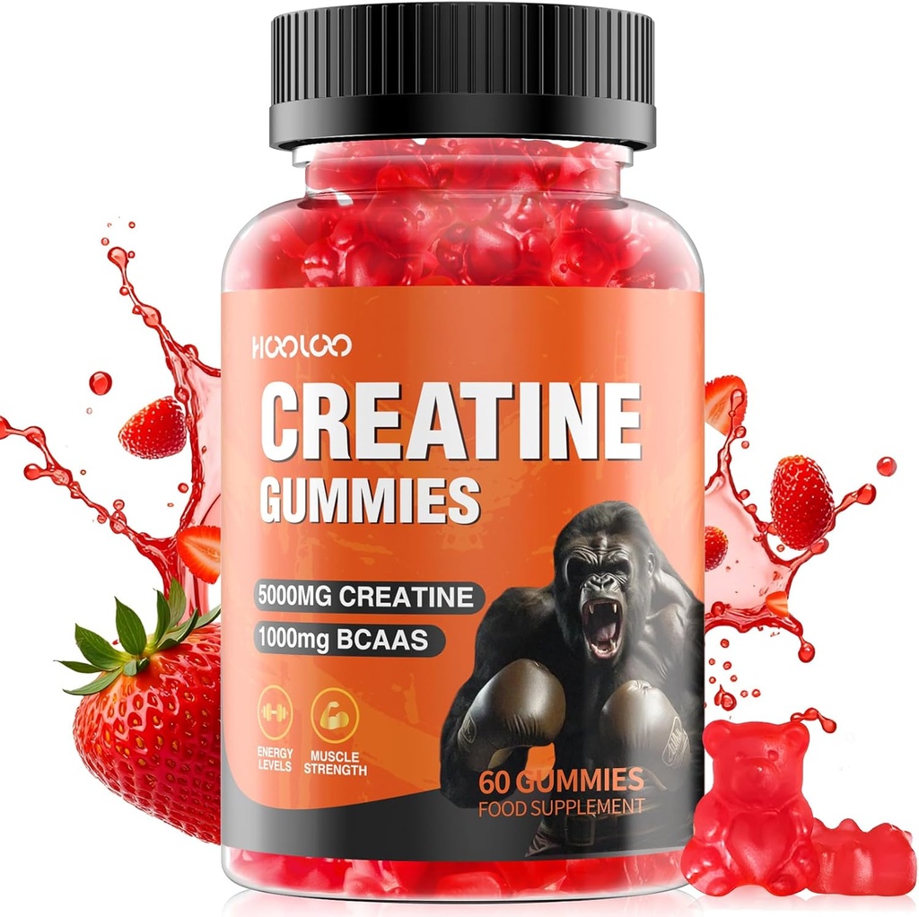 HOOLOO Creatine Gummies 5000mg Creatine Monohydrate, 1000mg BCAAs per Serving - Vegan Chewable Sugar Free Gummies, Strawberry Flavour (1 Pasokan Bulan)
