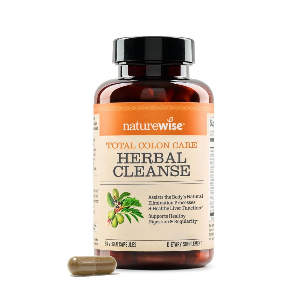 Naturewise Total Colon Care Herbal Cleanse - With Pregities, Botanicals, & Antioksidants - for Regular Bowel Movement, Diathable, Gut Health - Vegan, Gluten- Free, Non-GMO - 60 Capsules [Persediaan Dua Bulan]