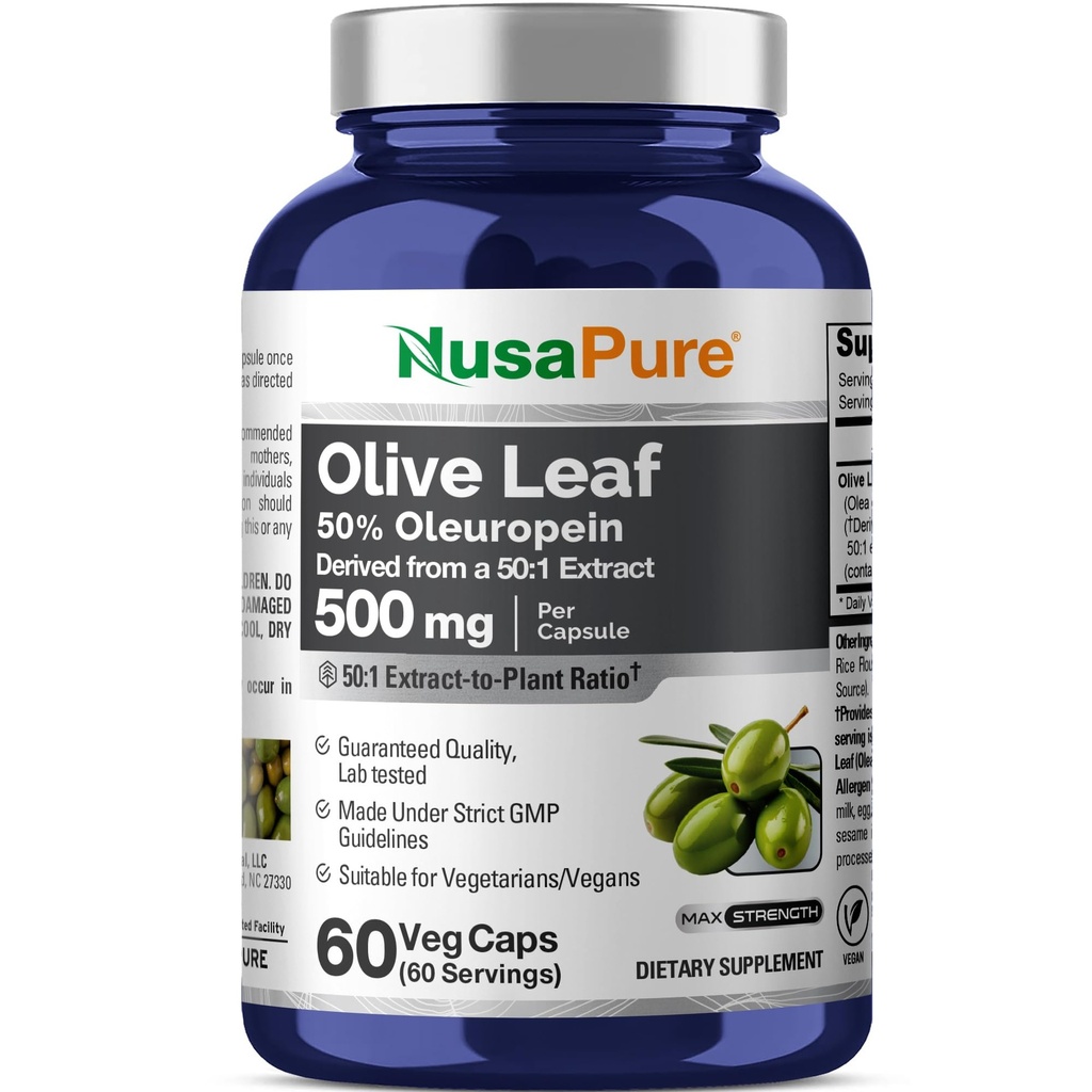 NusaPure Olive Leaf 50: 1 Ekstraksi, 500 mg Equivalen ke 25,000mg - 50% Oleuropein Vegan / Vegetarian - Super Kekuatan Minyak 60 Kapsul