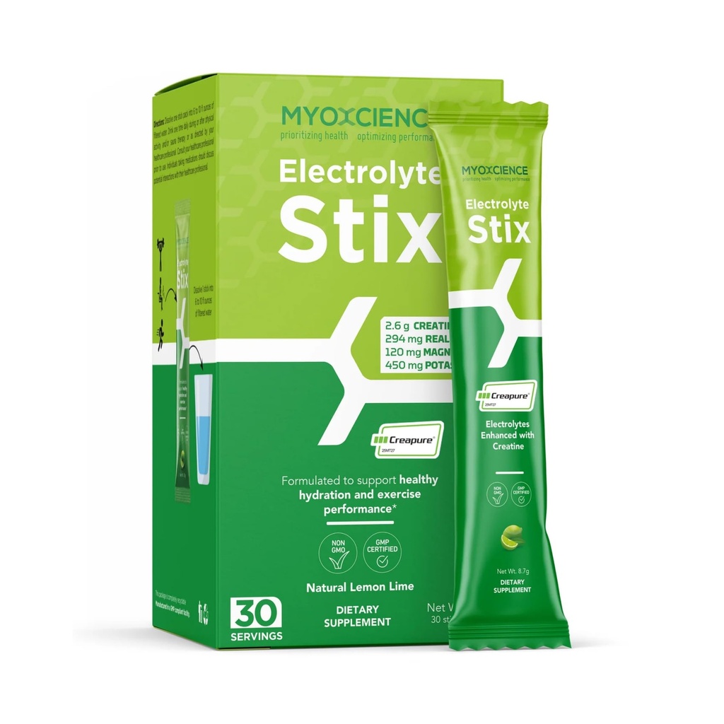 MYOXCIENCE Electrolite STIX 124; Creatine Electrolyte Powder 12.4; Recovery from Exercise & Muscle Development w / Real Salt (Lemon Lime Flavor) (Stix 30 ct)
