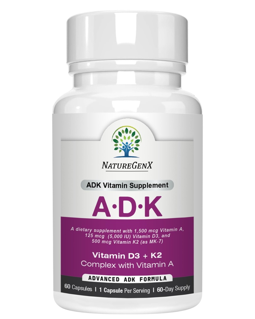 ADK Vitamin Supplemen 5000 IU - Potency Tinggi Vitamin A, D3, dan K2 untuk Bone Health dan Kalsium Absorpsi 124; Gluten- Free Vitamin ADK Suplemen, 60 Hari Suppply, 60 Capsules