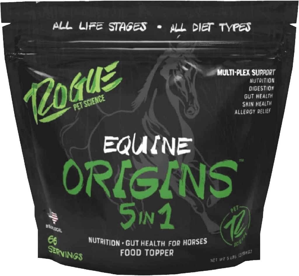 ROGUE PET SCIENCE Origins 5-in- 1 Tambahan Kuda - Peleleted Equine Food Topper (Natural Omega 3 Minyak Ikan - Pendukung Kesehatan Gut, Bantuan Ulcer & Joints- Membantu Allergies, Skin dan Coat Kesehatan (5 Lbs)